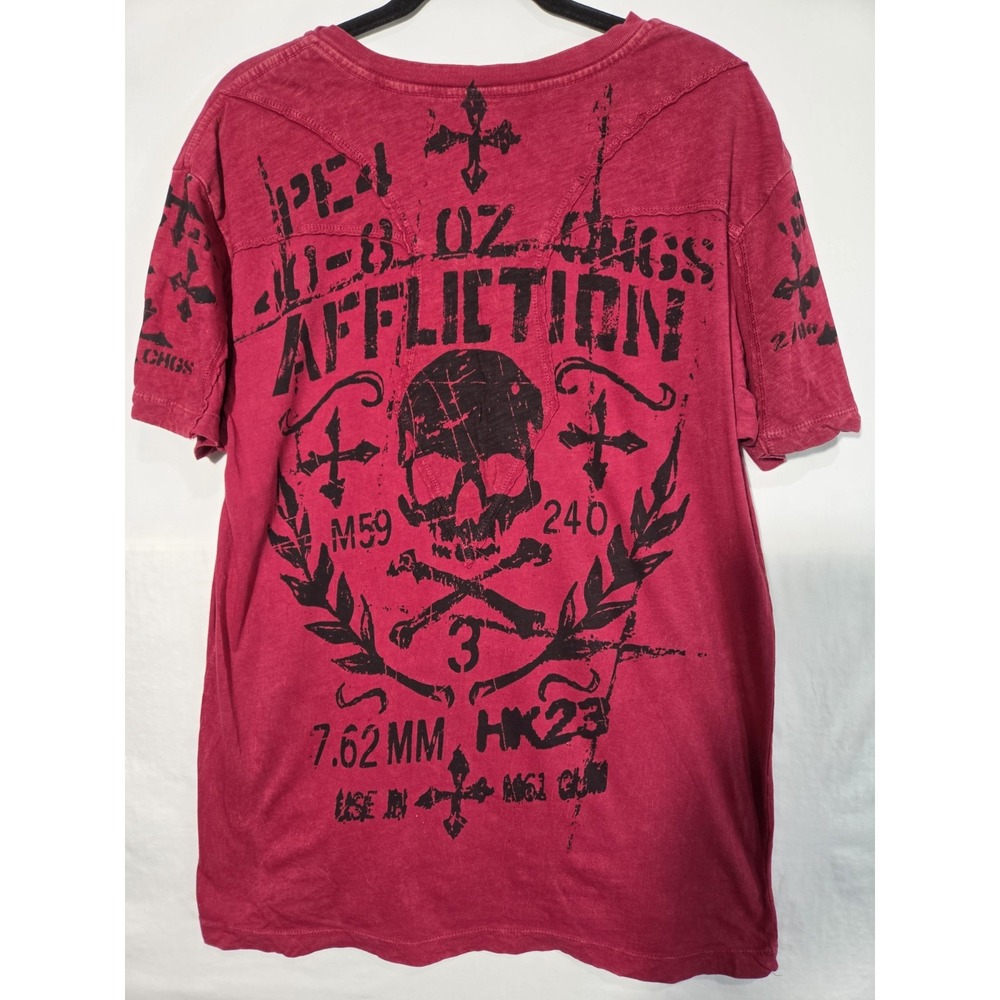 Affliction Graphic T Shirt Mens Large Red Skull Cross V Neck Distressed Tee